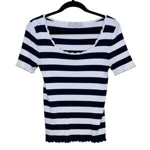 LOFT Womens Top Black White Medium Striped Ribbed Scalloped Neck Short Sleeve